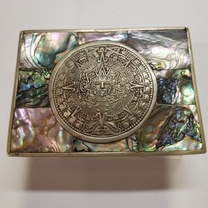 ABALONE SHELL Inlay BOX BRASS WOOD Jewelry Trinket BEAUTIFUL VINTAGE Stamped